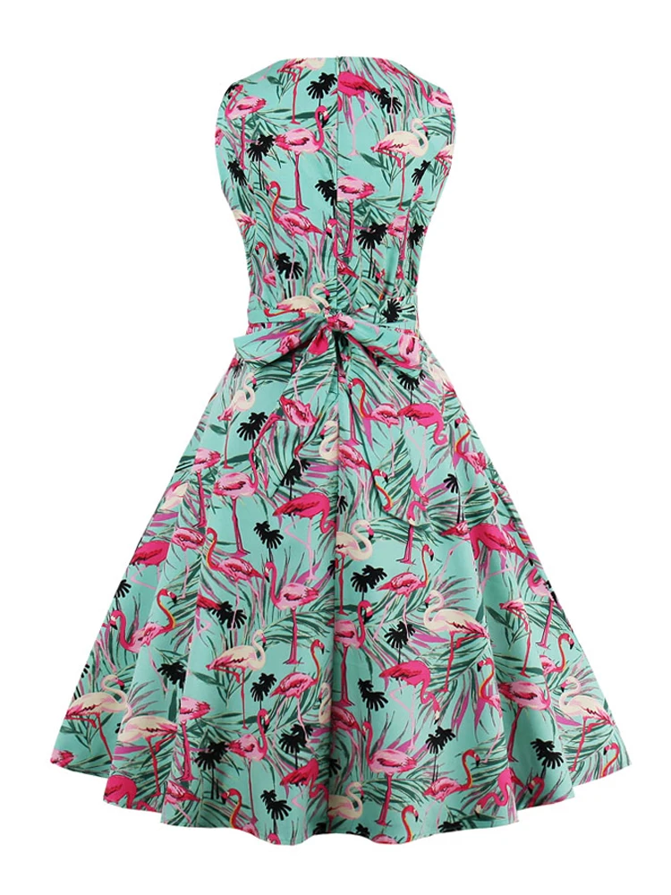Tonval Flamingo Print High Waist Pinup Retro Dress S to 4XL 95% Cotton Women O-Neck Sleeveless Summer 50s Vintage Dresses