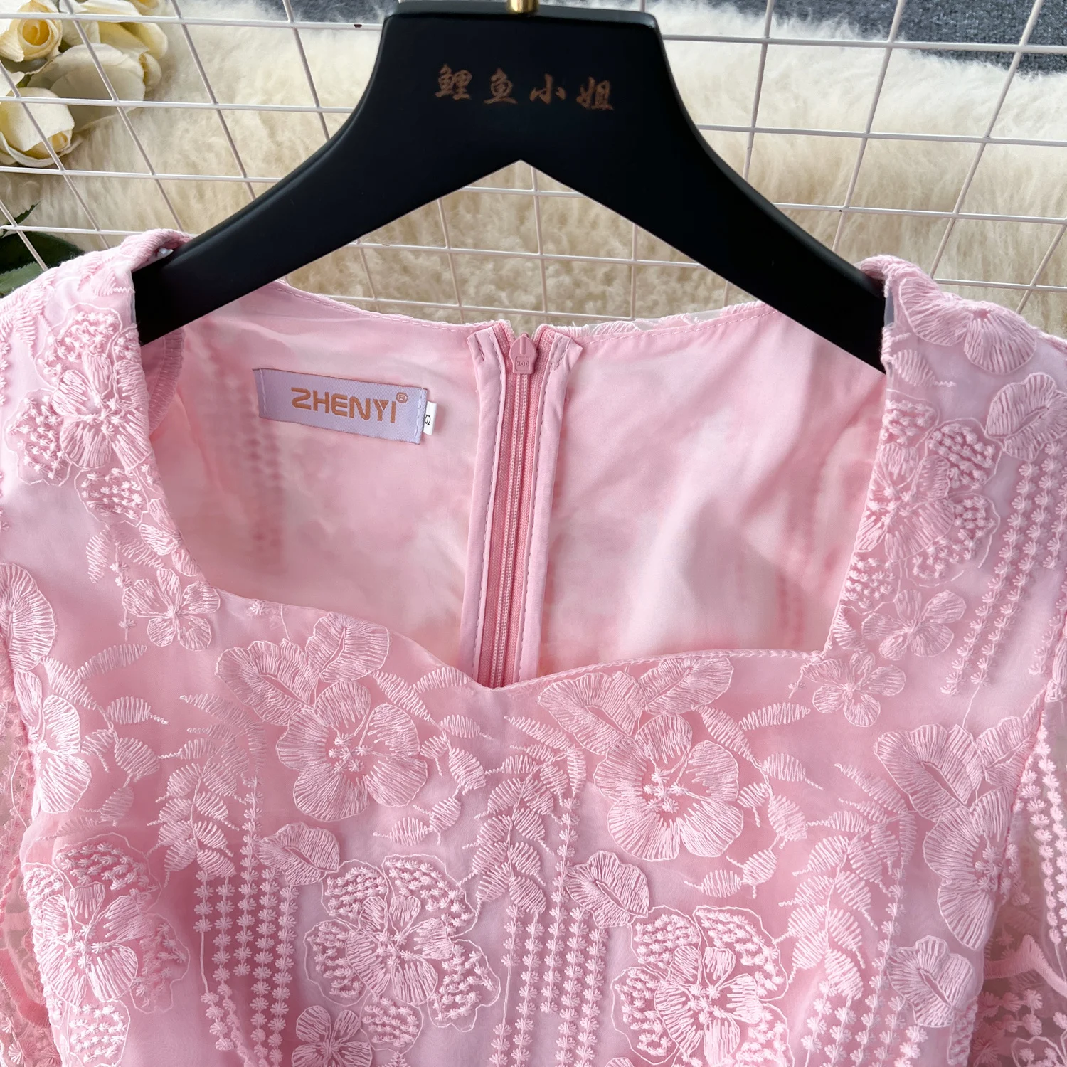 Summer Elegant Flower Embroidery Dress Women Solid Color Short Puff Sleeve Square Collar Mesh Lace Up Party Midi Dresses Vestido