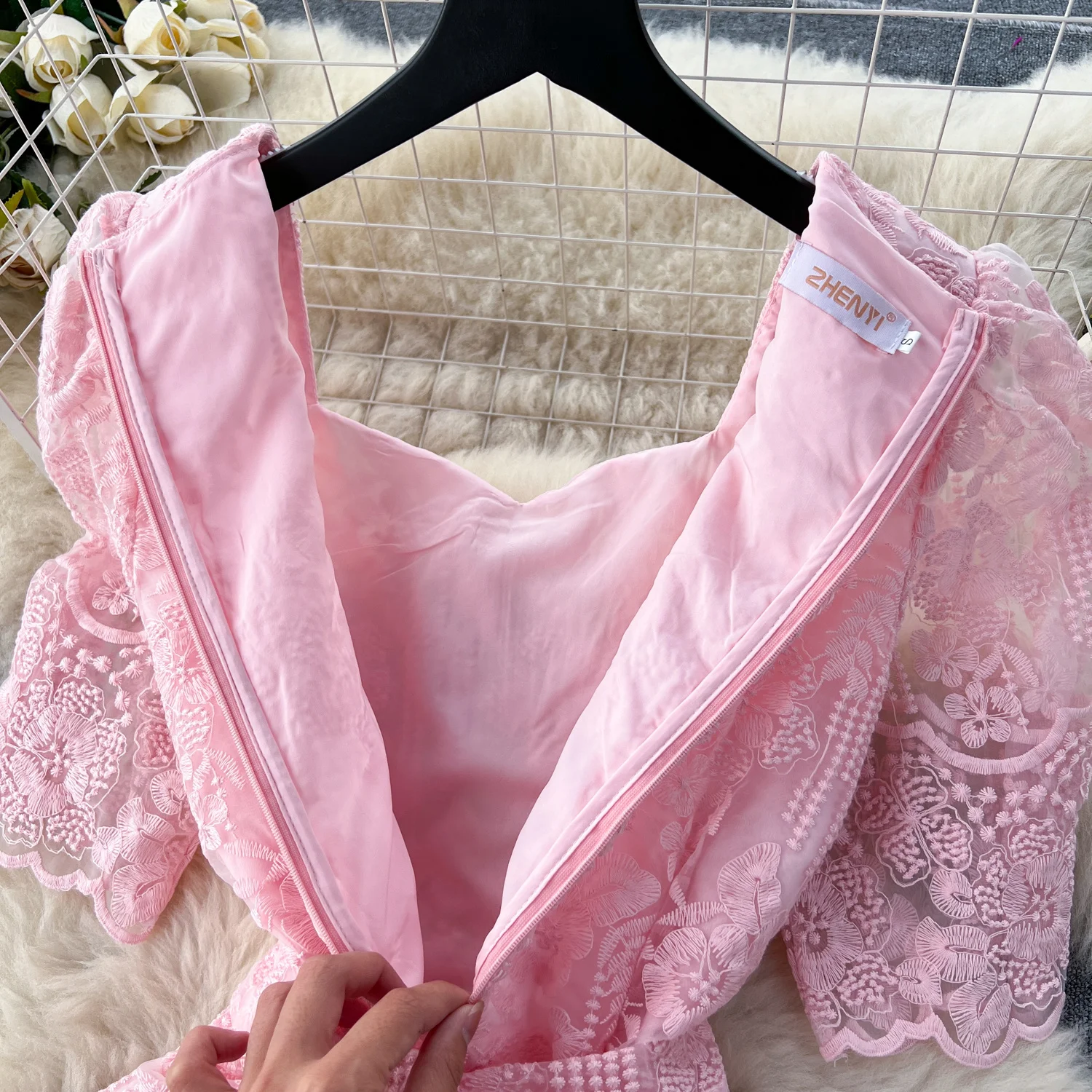 Summer Elegant Flower Embroidery Dress Women Solid Color Short Puff Sleeve Square Collar Mesh Lace Up Party Midi Dresses Vestido