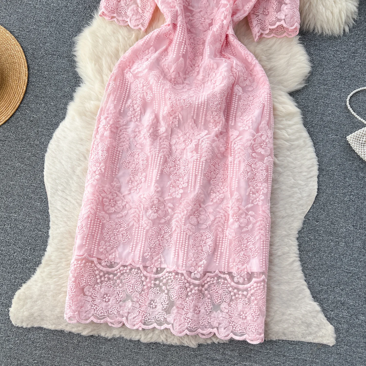 Summer Elegant Flower Embroidery Dress Women Solid Color Short Puff Sleeve Square Collar Mesh Lace Up Party Midi Dresses Vestido