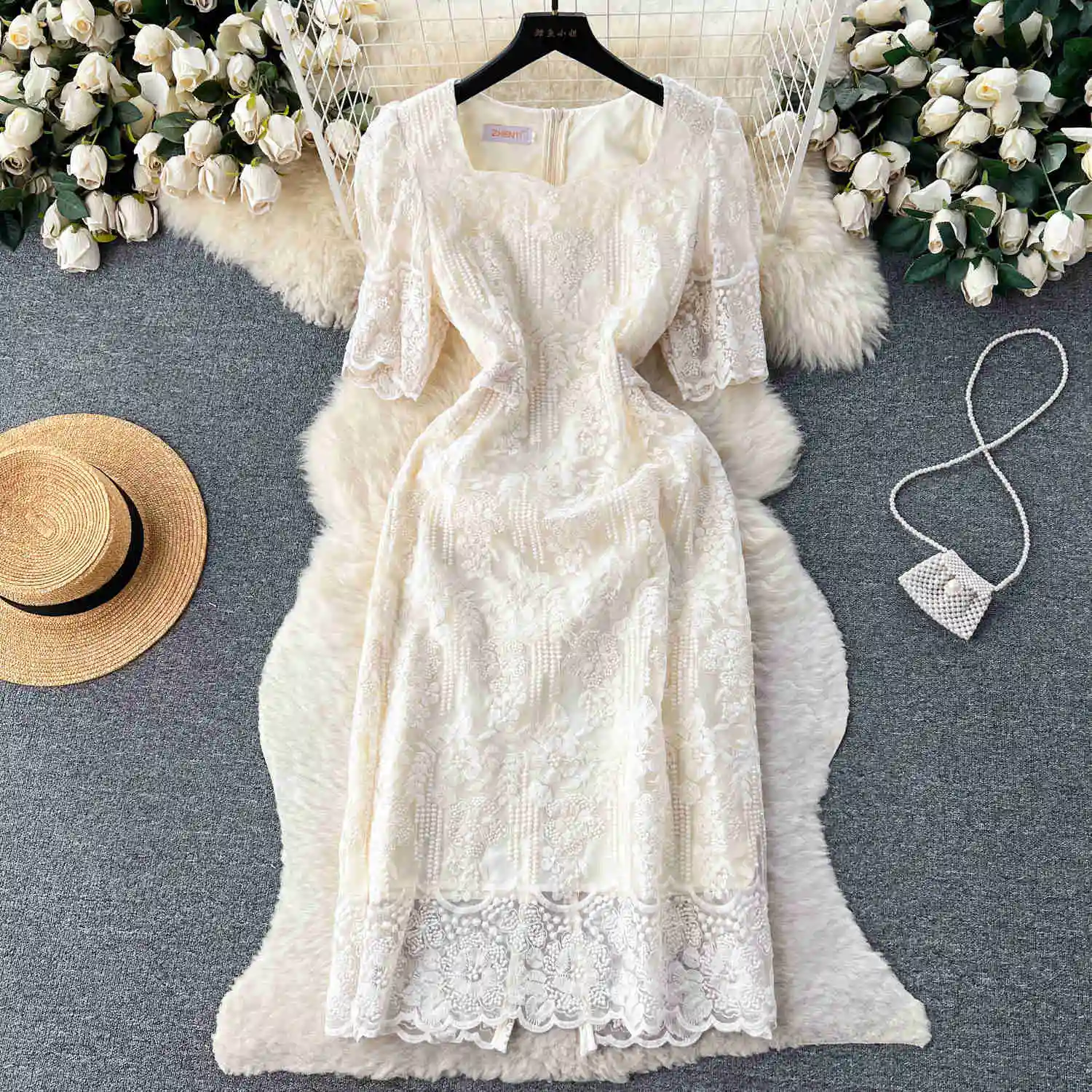 Summer Elegant Flower Embroidery Dress Women Solid Color Short Puff Sleeve Square Collar Mesh Lace Up Party Midi Dresses Vestido