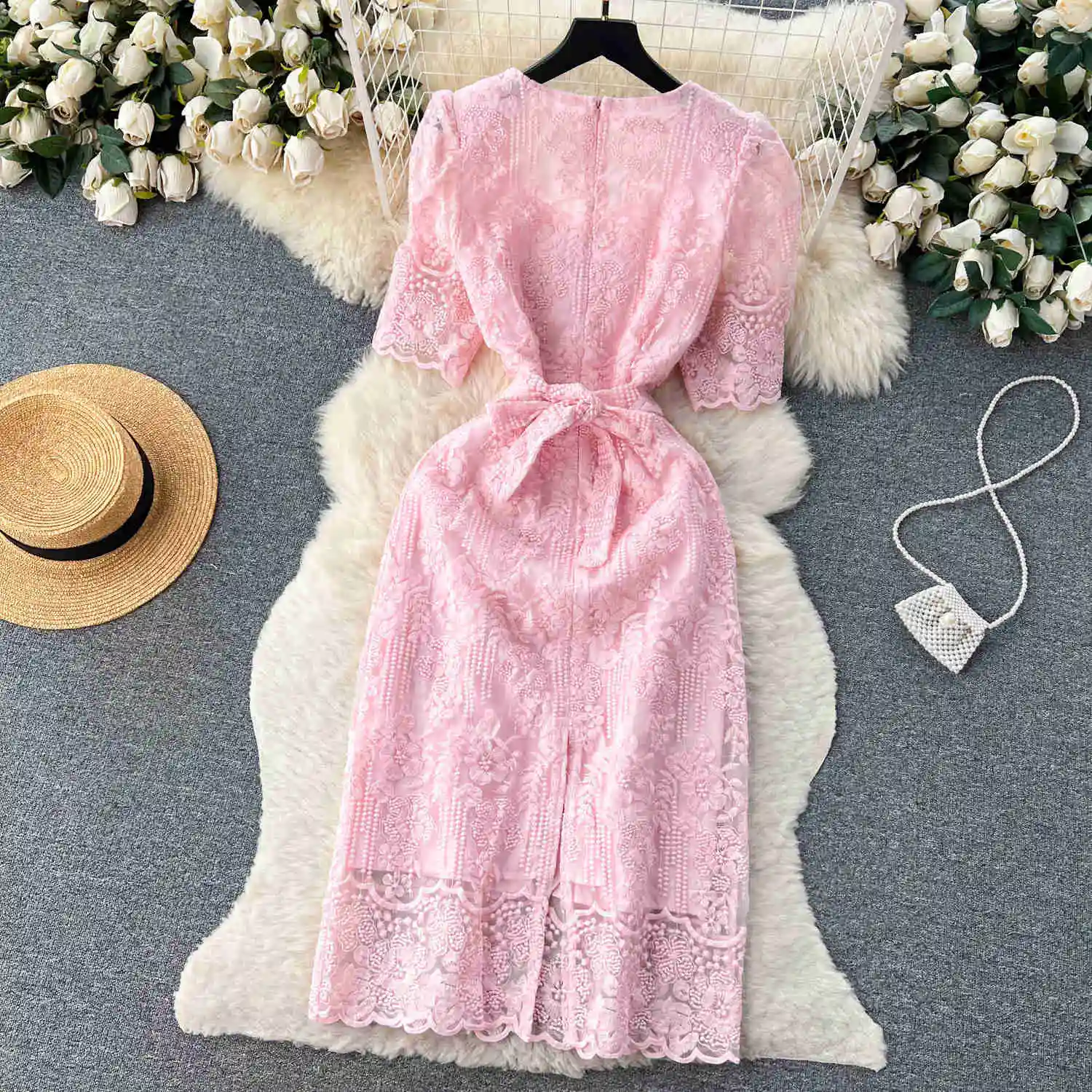 Summer Elegant Flower Embroidery Dress Women Solid Color Short Puff Sleeve Square Collar Mesh Lace Up Party Midi Dresses Vestido