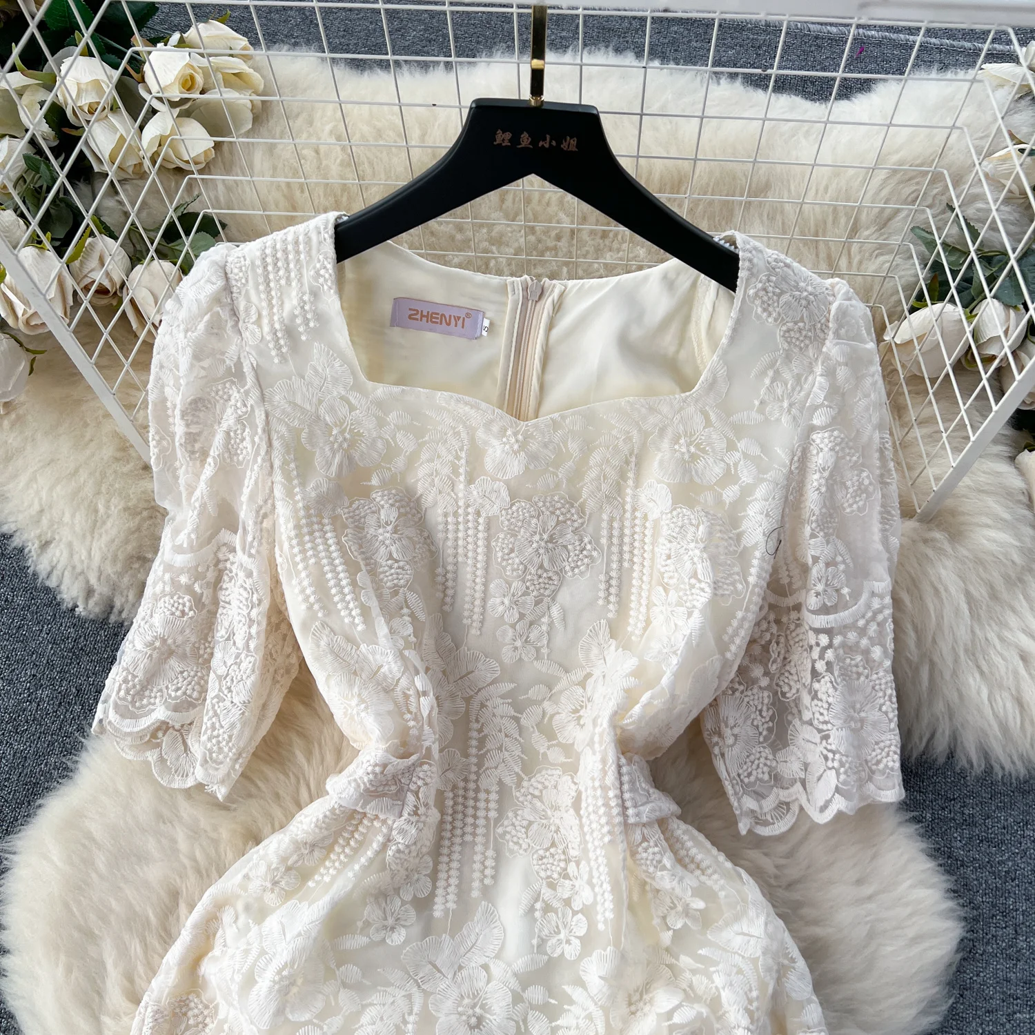 Summer Elegant Flower Embroidery Dress Women Solid Color Short Puff Sleeve Square Collar Mesh Lace Up Party Midi Dresses Vestido