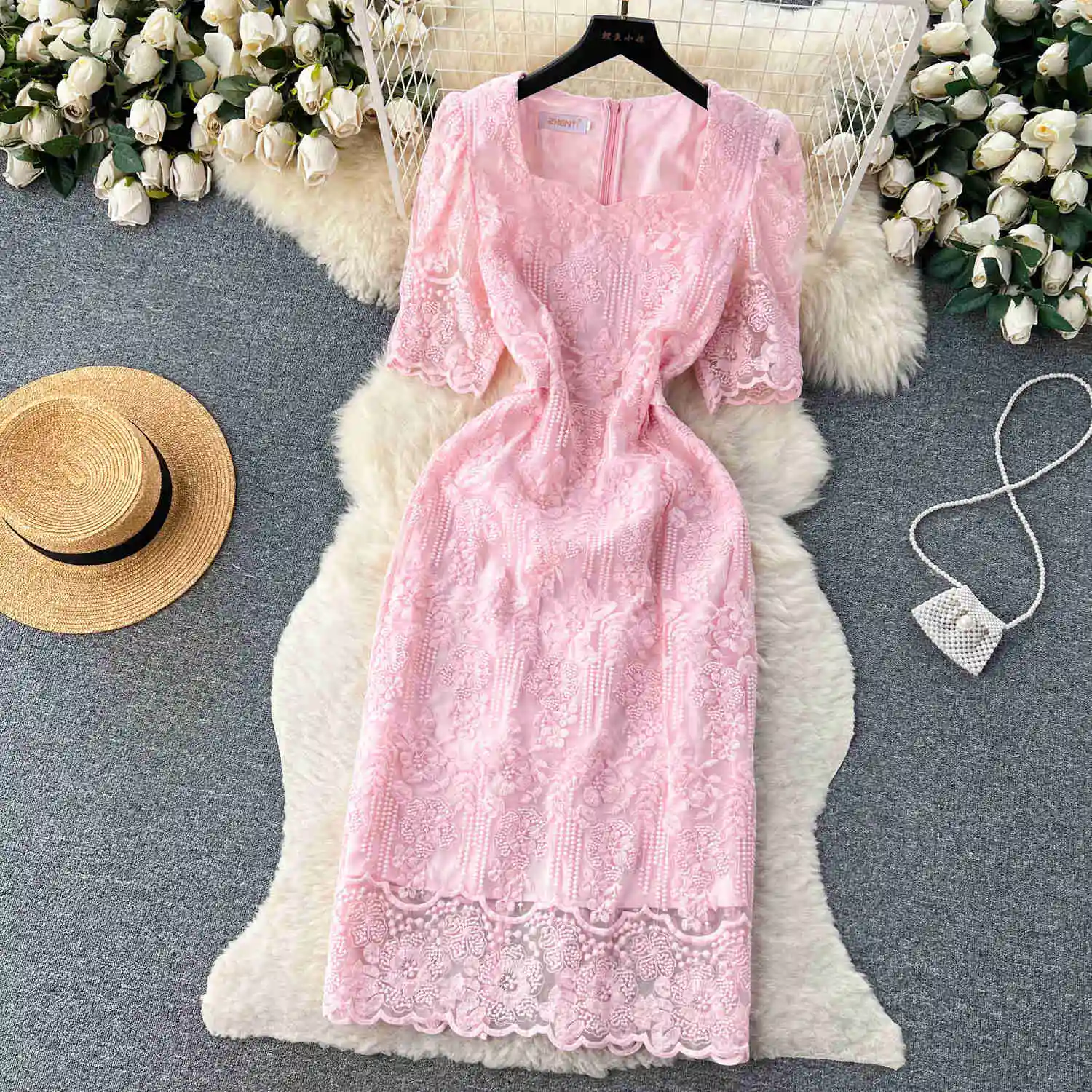 Summer Elegant Flower Embroidery Dress Women Solid Color Short Puff Sleeve Square Collar Mesh Lace Up Party Midi Dresses Vestido