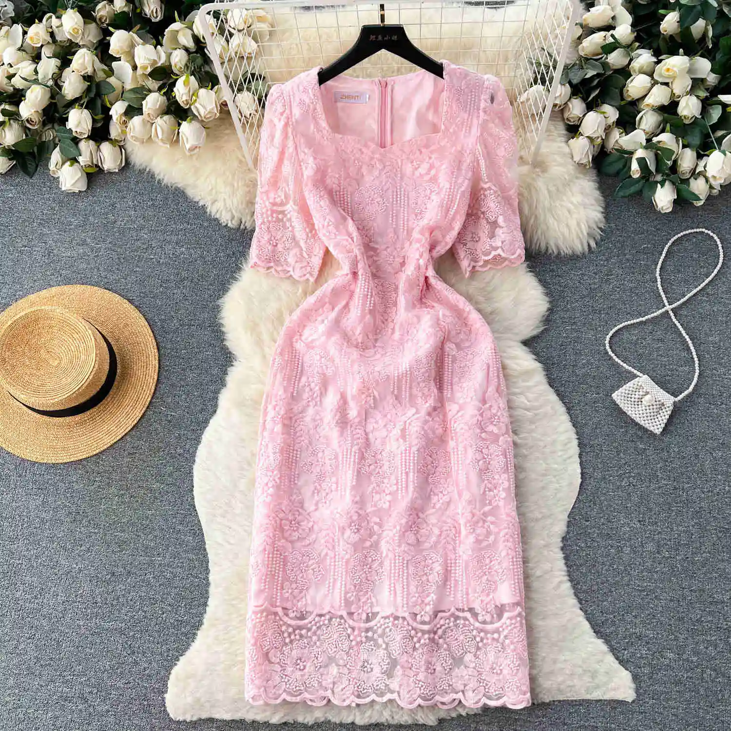 Summer Elegant Flower Embroidery Dress Women Solid Color Short Puff Sleeve Square Collar Mesh Lace Up Party Midi Dresses Vestido