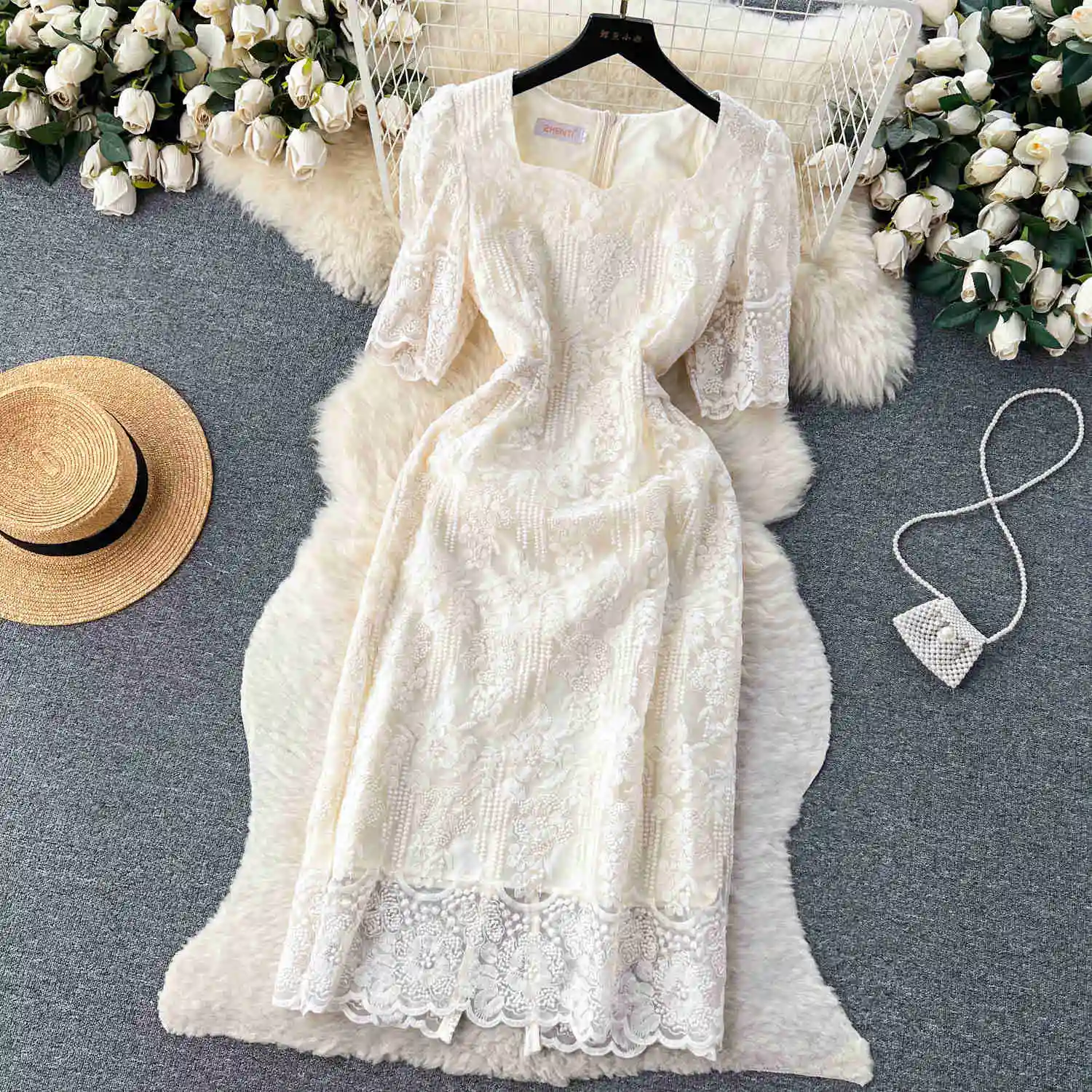 Summer Elegant Flower Embroidery Dress Women Solid Color Short Puff Sleeve Square Collar Mesh Lace Up Party Midi Dresses Vestido