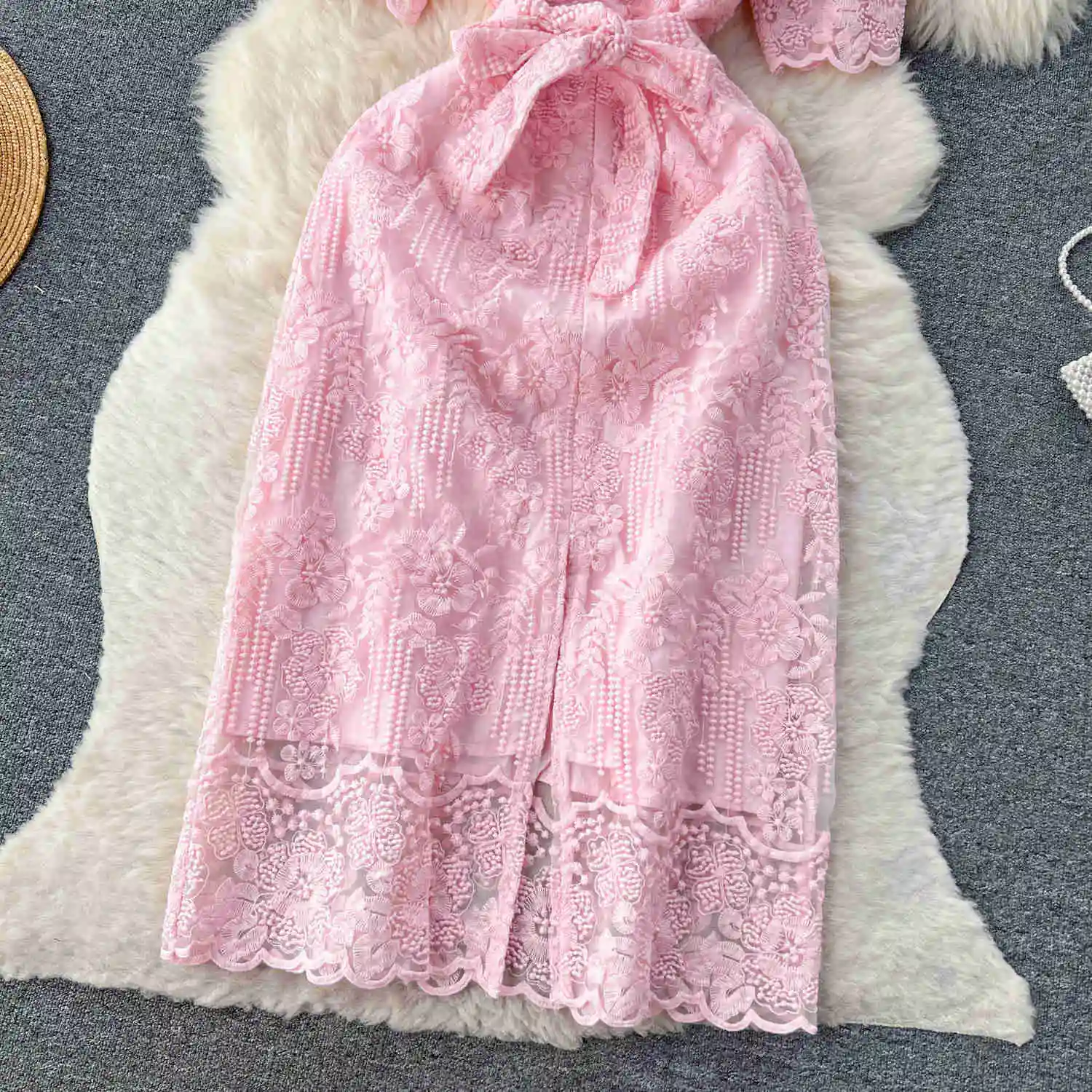 Summer Elegant Flower Embroidery Dress Women Solid Color Short Puff Sleeve Square Collar Mesh Lace Up Party Midi Dresses Vestido