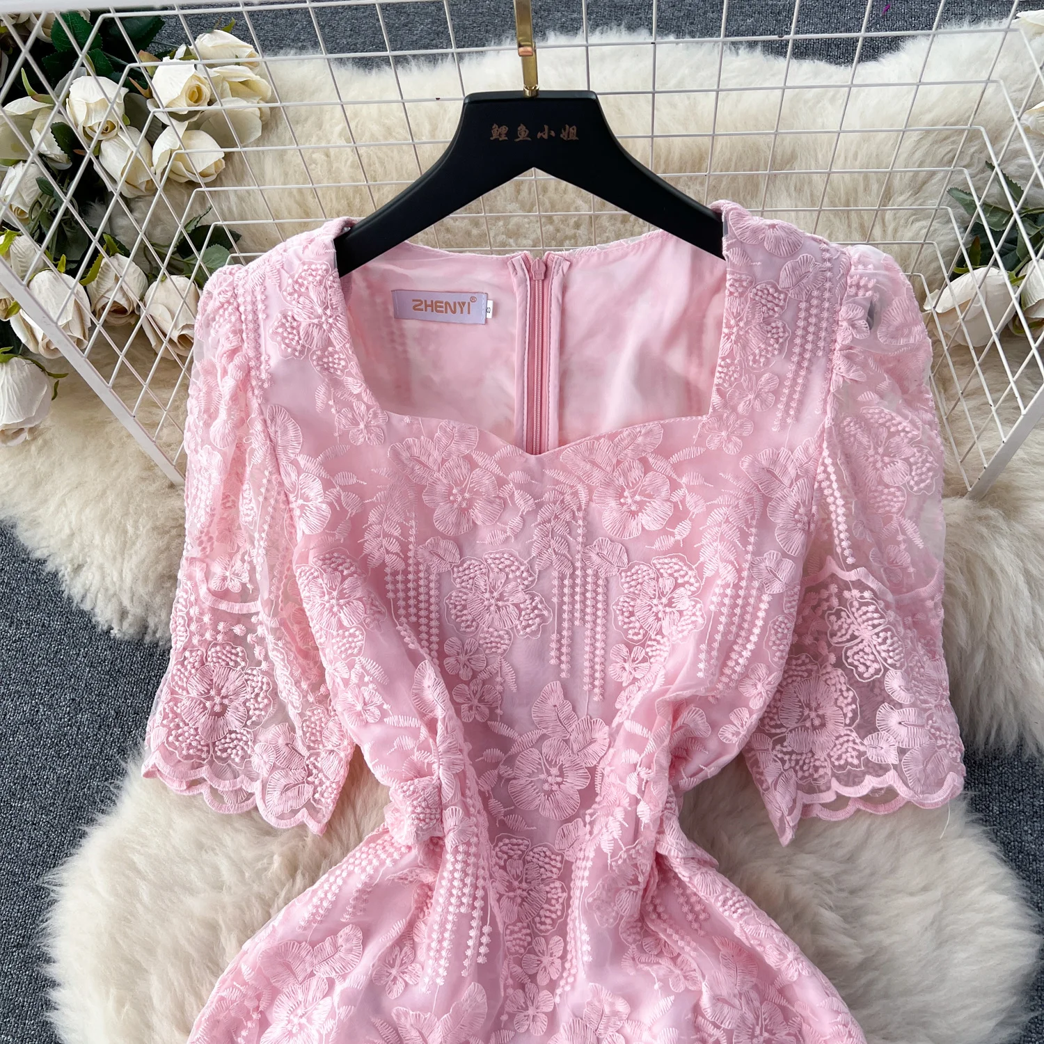 Summer Elegant Flower Embroidery Dress Women Solid Color Short Puff Sleeve Square Collar Mesh Lace Up Party Midi Dresses Vestido