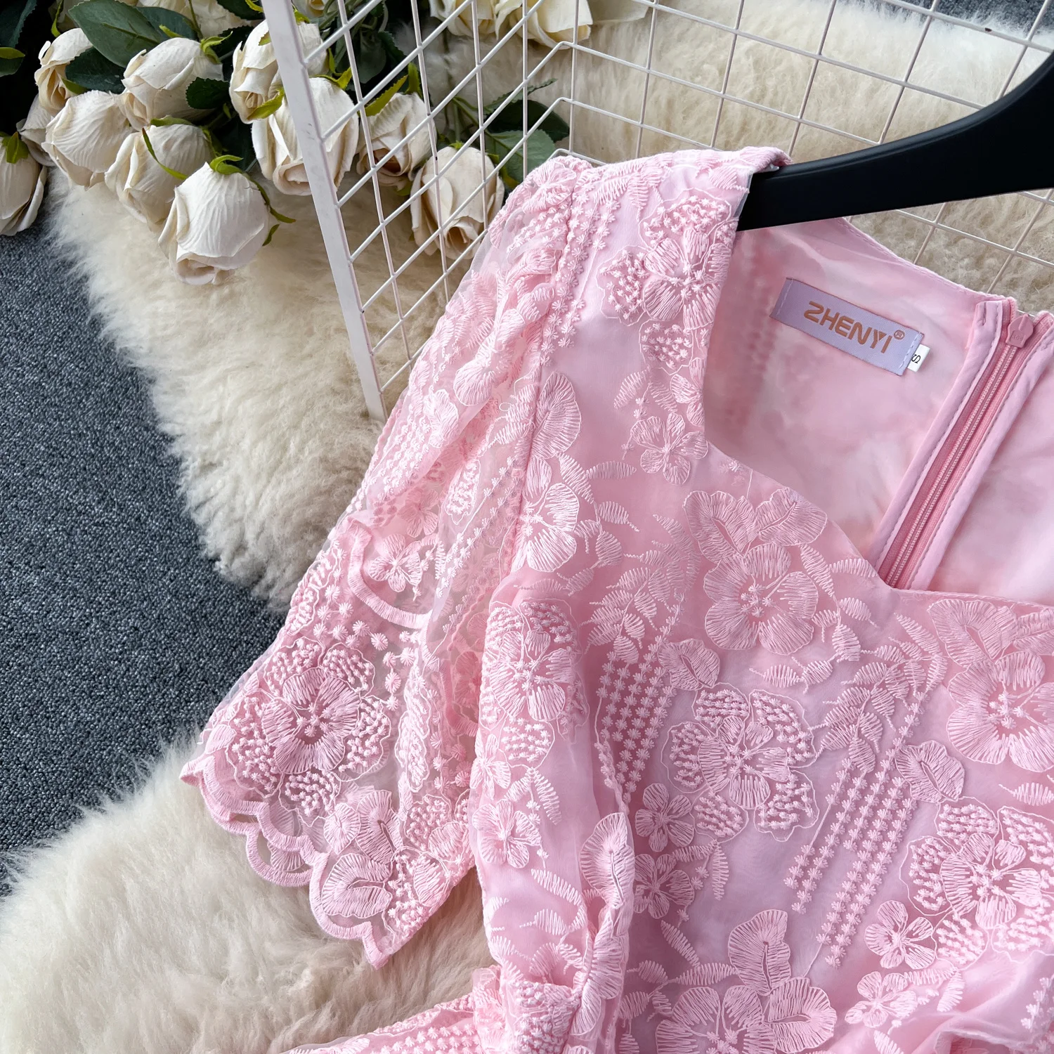 Summer Elegant Flower Embroidery Dress Women Solid Color Short Puff Sleeve Square Collar Mesh Lace Up Party Midi Dresses Vestido