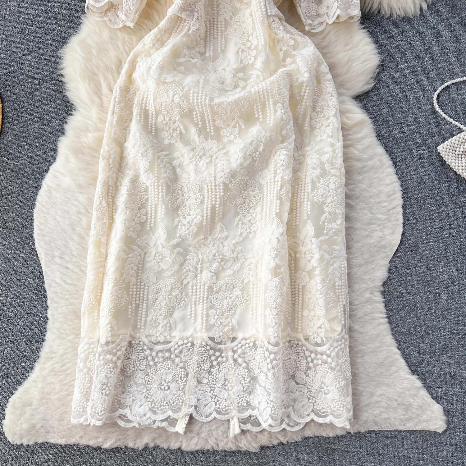 Summer Elegant Flower Embroidery Dress Women Solid Color Short Puff Sleeve Square Collar Mesh Lace Up Party Midi Dresses Vestido