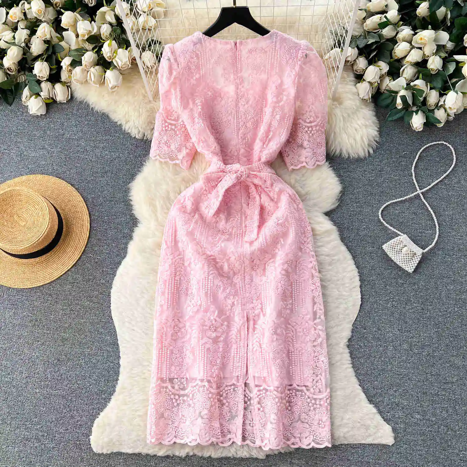Summer Elegant Flower Embroidery Dress Women Solid Color Short Puff Sleeve Square Collar Mesh Lace Up Party Midi Dresses Vestido
