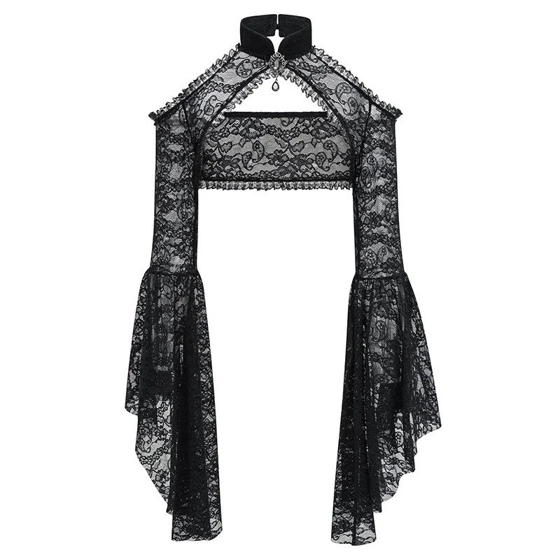 Black See Through Floral Lace Long Flare Sleeve y2k Dark Clothes Women Steampunk Coat Gothic Vintage Top Sexy Victorian Jacket