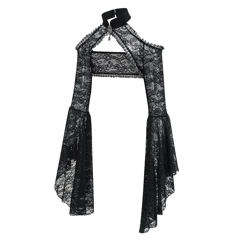 Black See Through Floral Lace Long Flare Sleeve y2k Dark Clothes Women Steampunk Coat Gothic Vintage Top Sexy Victorian Jacket