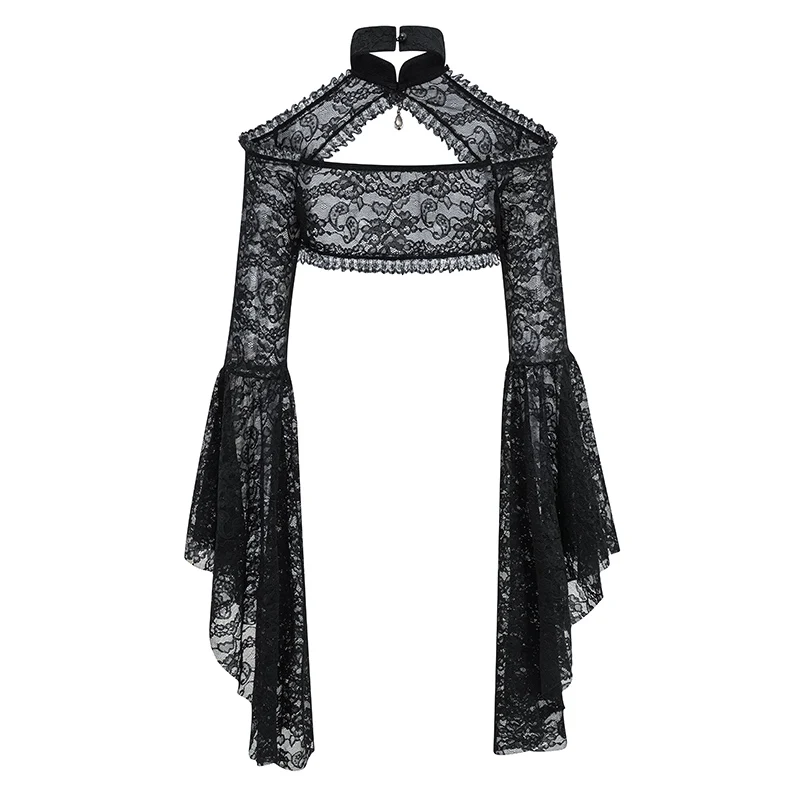 Black See Through Floral Lace Long Flare Sleeve y2k Dark Clothes Women Steampunk Coat Gothic Vintage Top Sexy Victorian Jacket