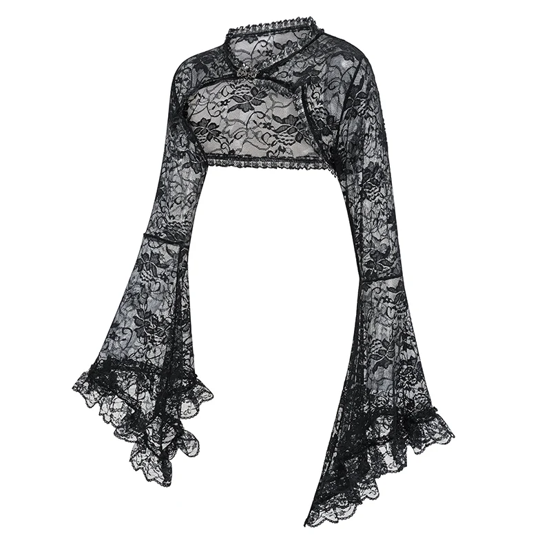 Black See Through Floral Lace Long Flare Sleeve y2k Dark Clothes Women Steampunk Coat Gothic Vintage Top Sexy Victorian Jacket
