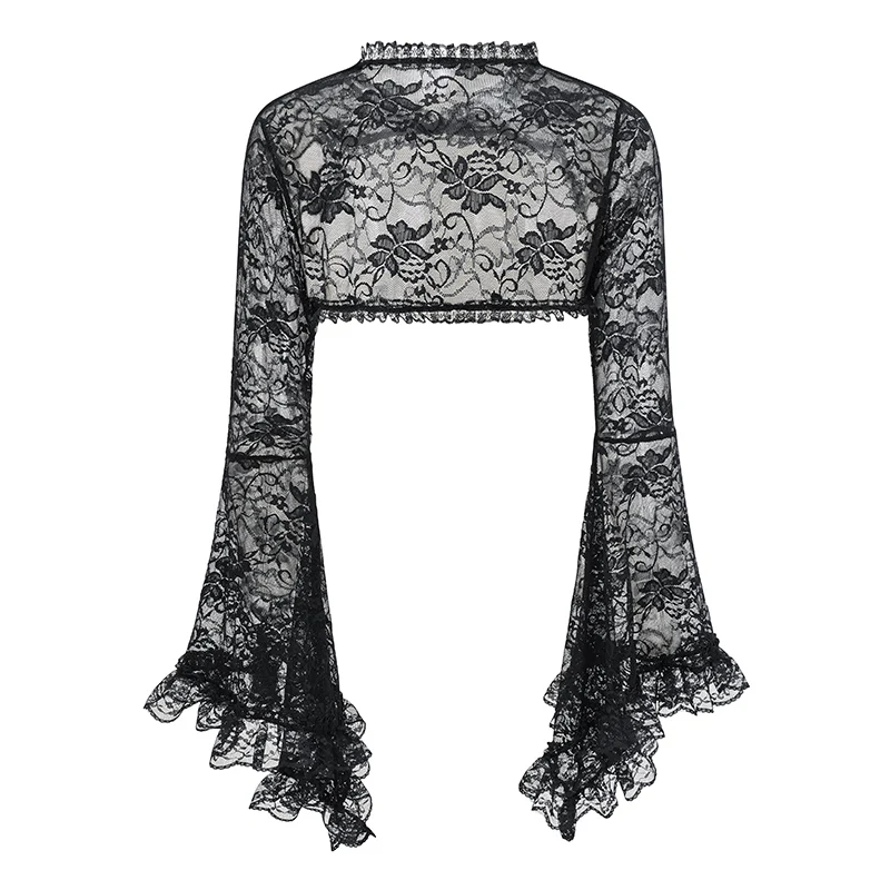 Black See Through Floral Lace Long Flare Sleeve y2k Dark Clothes Women Steampunk Coat Gothic Vintage Top Sexy Victorian Jacket
