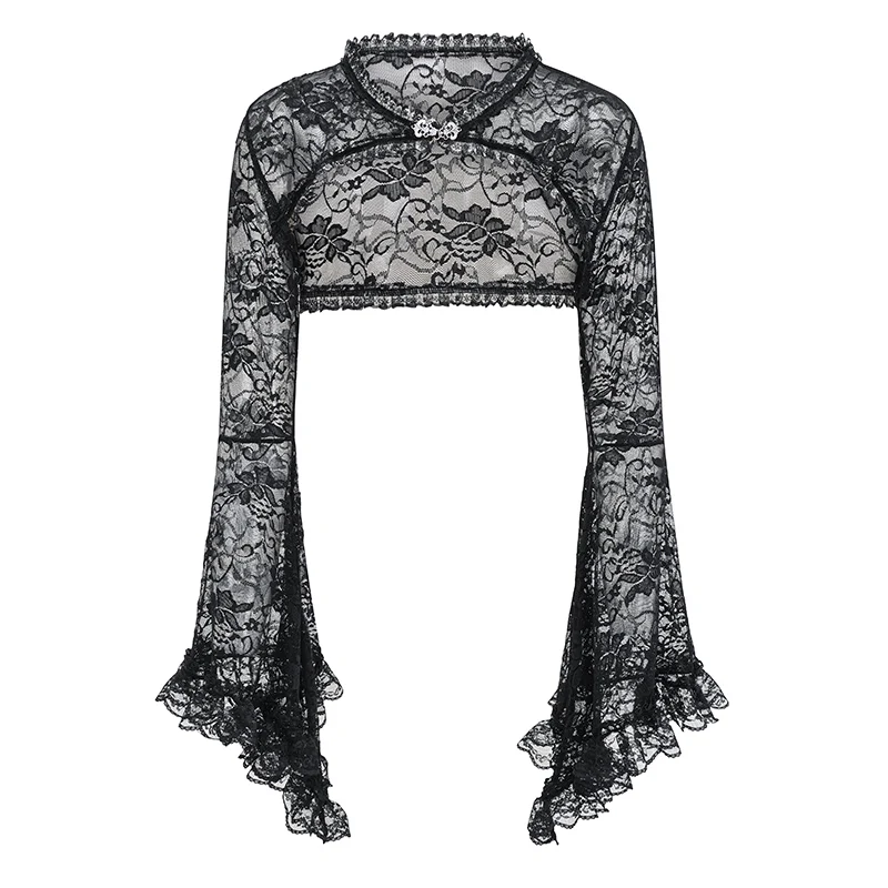 Black See Through Floral Lace Long Flare Sleeve y2k Dark Clothes Women Steampunk Coat Gothic Vintage Top Sexy Victorian Jacket