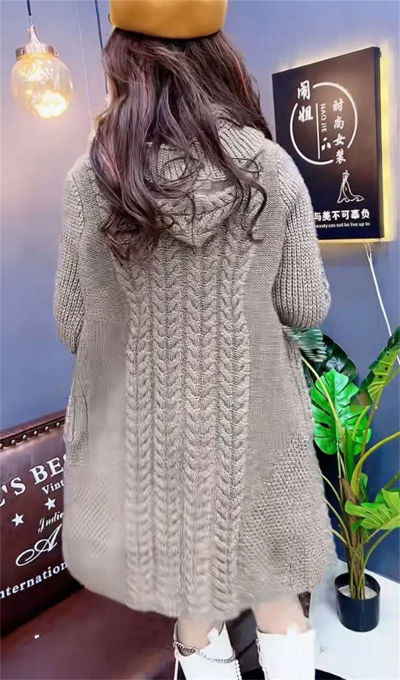 2025 Hooded Wool Knitted Cardigan Coat Women Autumn Winter New Long Jacket Heavy Jacquard Outwear Large Size Sweater Tops Female