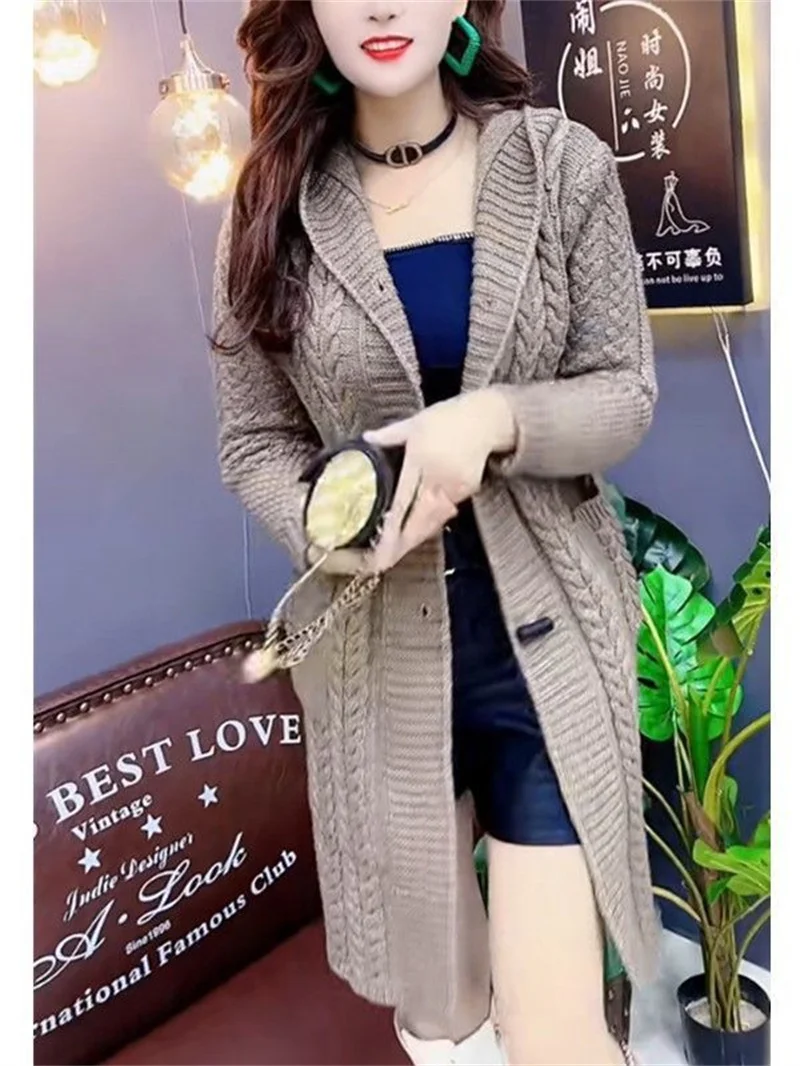 2025 Hooded Wool Knitted Cardigan Coat Women Autumn Winter New Long Jacket Heavy Jacquard Outwear Large Size Sweater Tops Female