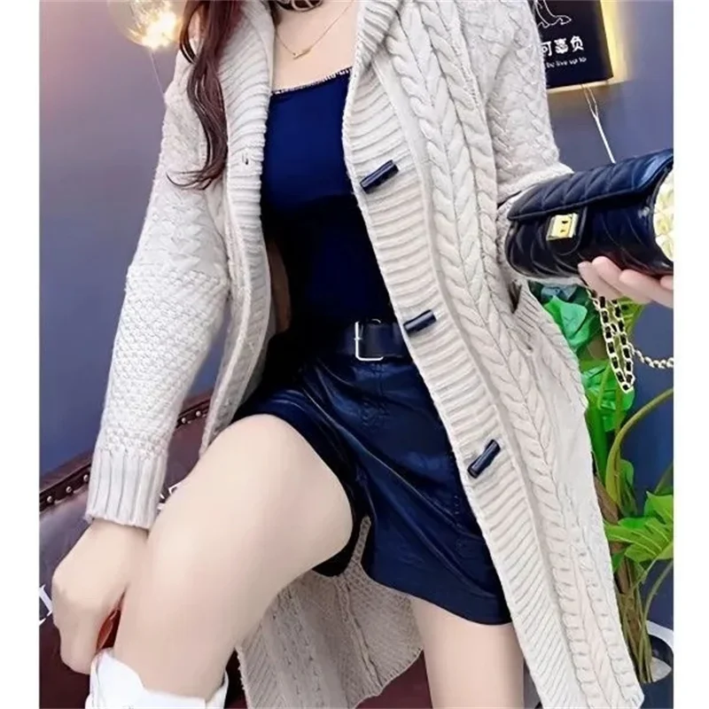 2025 Hooded Wool Knitted Cardigan Coat Women Autumn Winter New Long Jacket Heavy Jacquard Outwear Large Size Sweater Tops Female