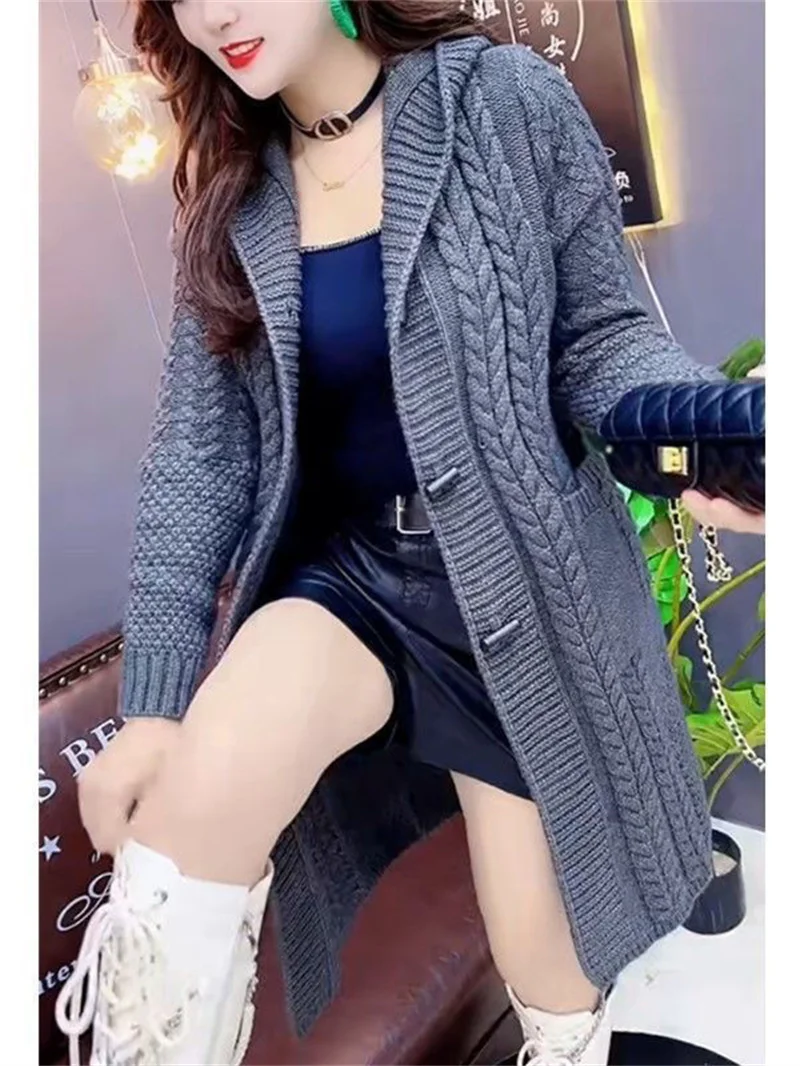 2025 Hooded Wool Knitted Cardigan Coat Women Autumn Winter New Long Jacket Heavy Jacquard Outwear Large Size Sweater Tops Female