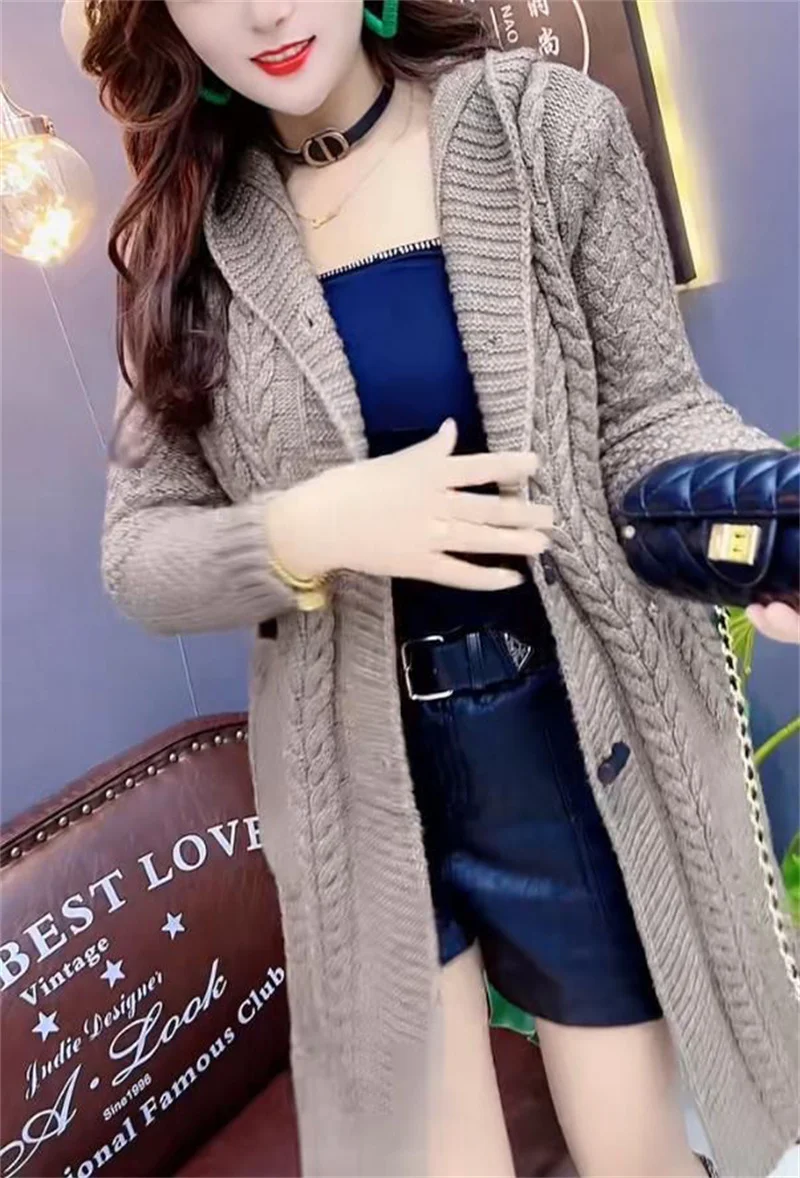 2025 Hooded Wool Knitted Cardigan Coat Women Autumn Winter New Long Jacket Heavy Jacquard Outwear Large Size Sweater Tops Female