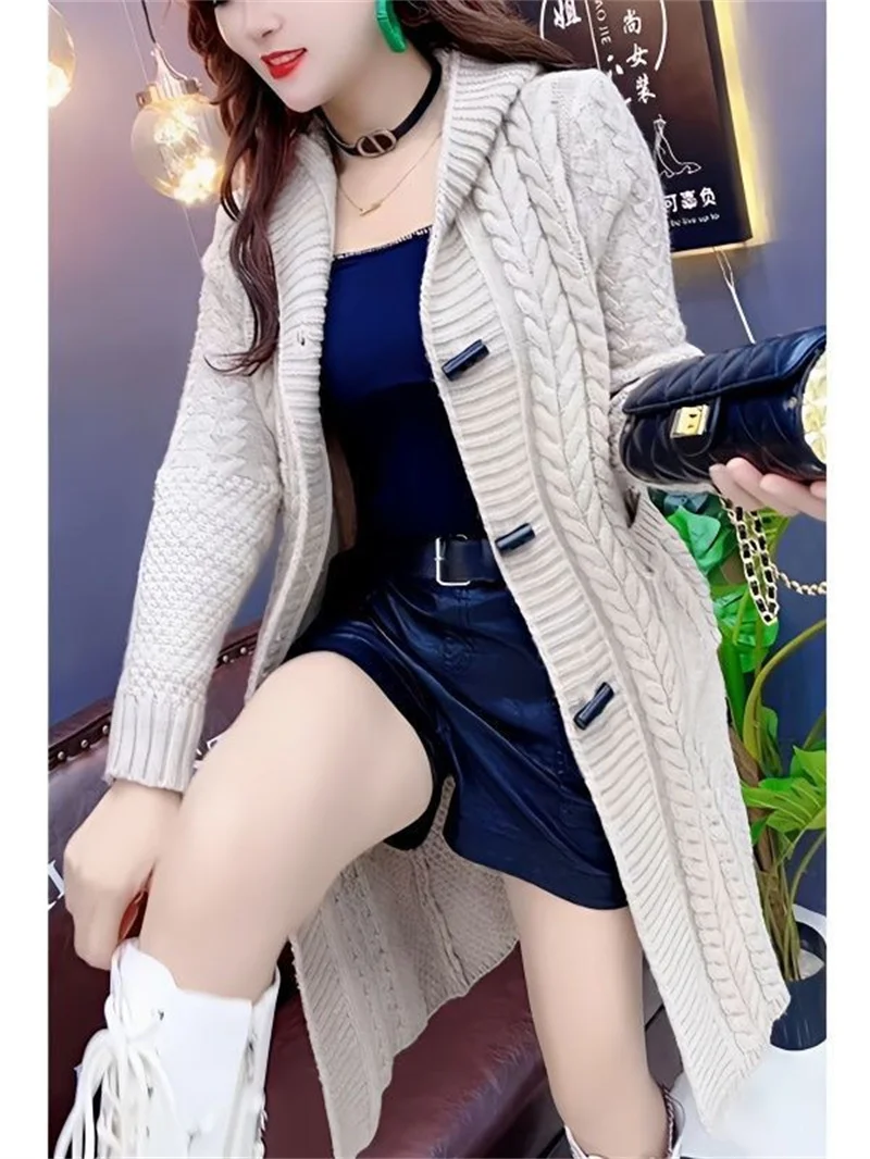 2025 Hooded Wool Knitted Cardigan Coat Women Autumn Winter New Long Jacket Heavy Jacquard Outwear Large Size Sweater Tops Female