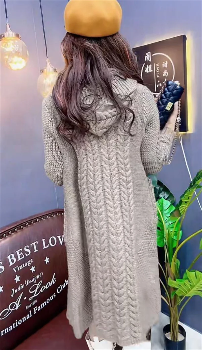 2025 Hooded Wool Knitted Cardigan Coat Women Autumn Winter New Long Jacket Heavy Jacquard Outwear Large Size Sweater Tops Female