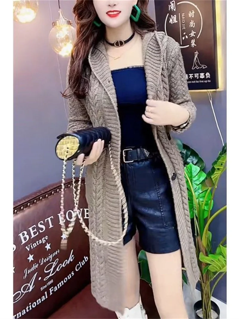 2025 Hooded Wool Knitted Cardigan Coat Women Autumn Winter New Long Jacket Heavy Jacquard Outwear Large Size Sweater Tops Female