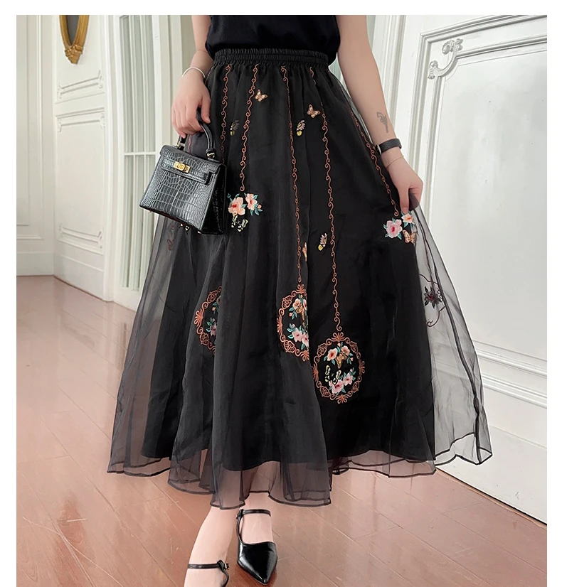 Chinese Style Retro Long Skirt Flowers Embroidered Summer Fairy Skirt Elastic Waist Gauze Skirt Party Lady A-line Skirts