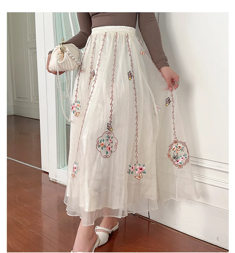 Chinese Style Retro Long Skirt Flowers Embroidered Summer Fairy Skirt Elastic Waist Gauze Skirt Party Lady A-line Skirts