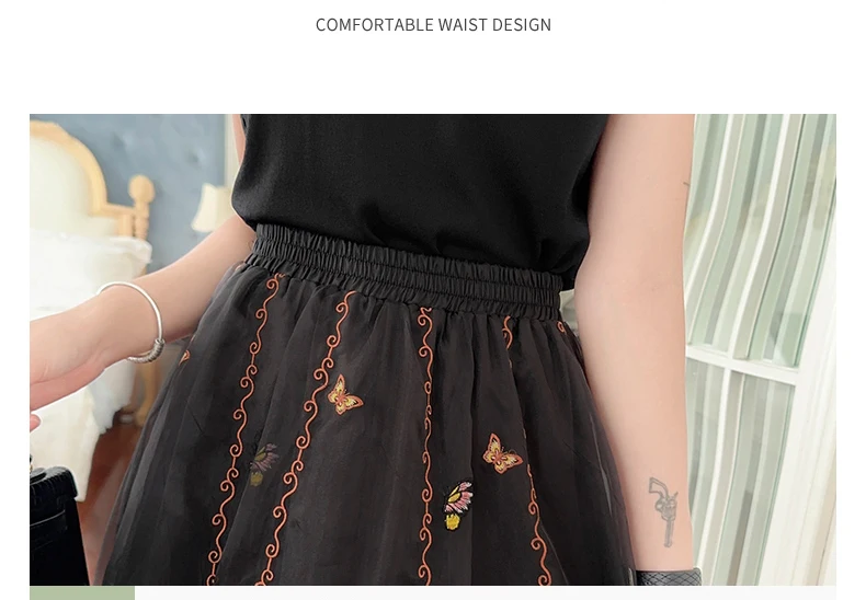 Chinese Style Retro Long Skirt Flowers Embroidered Summer Fairy Skirt Elastic Waist Gauze Skirt Party Lady A-line Skirts