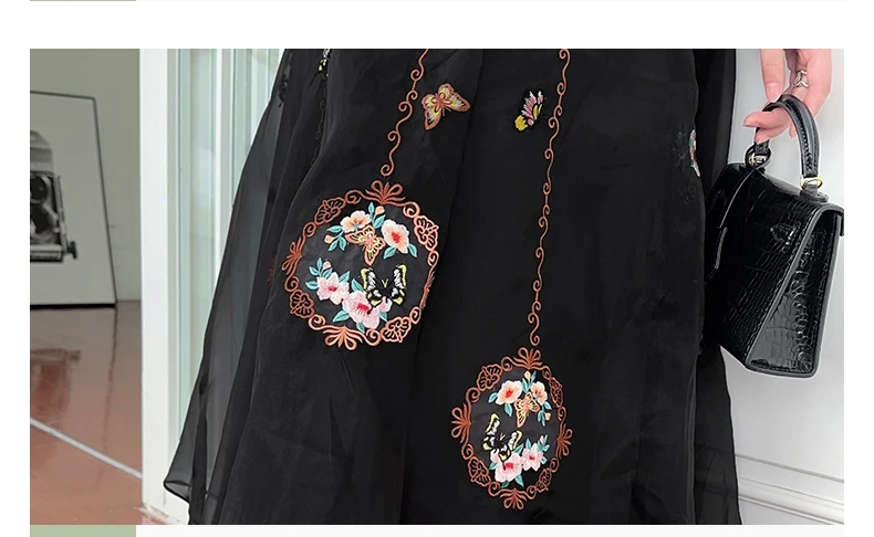 Chinese Style Retro Long Skirt Flowers Embroidered Summer Fairy Skirt Elastic Waist Gauze Skirt Party Lady A-line Skirts