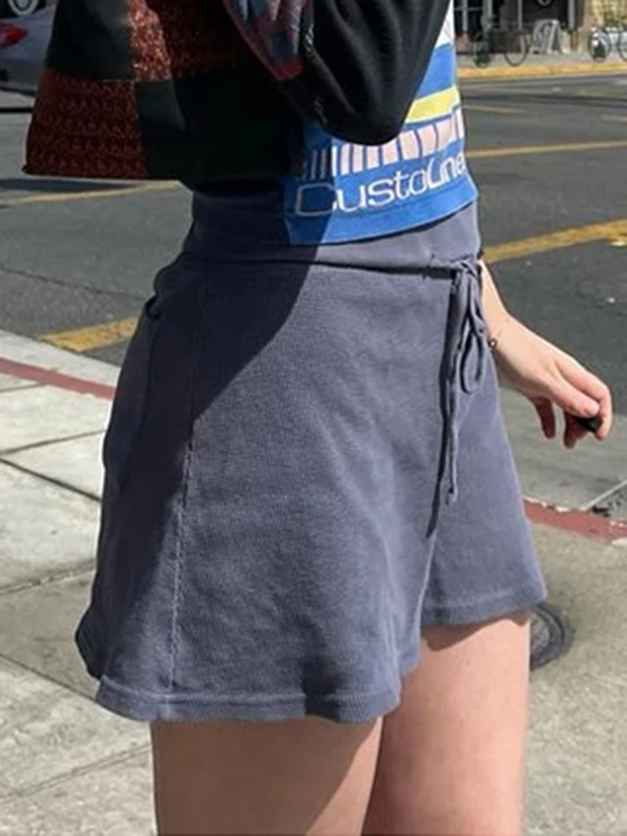Simple Sweet Waffle A-line Skirts Women Summer New Casual Solid Lace-up High Waist Mini Skirts Streetwear Vintage Chic Y2K Falda