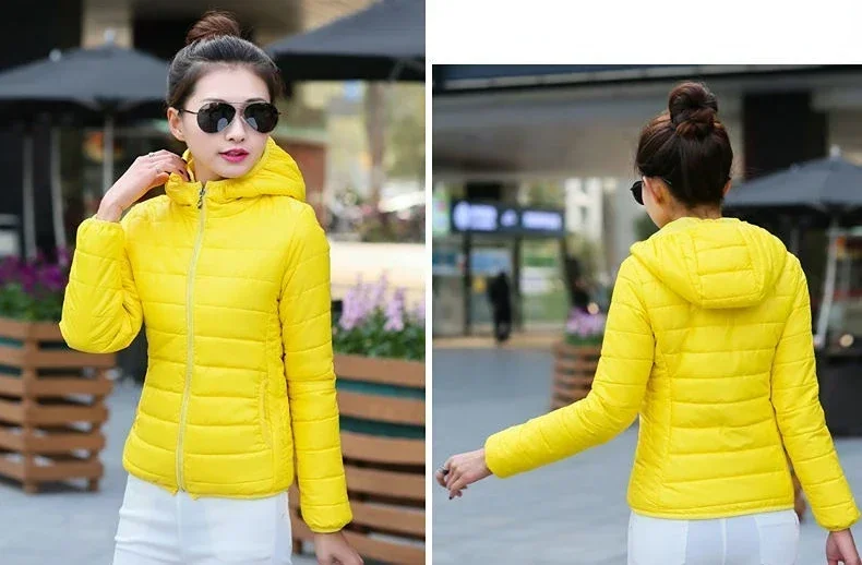 Jackets for Women Quilted Padded Lightweight Puffer Woman Coat Hoodie Short Yellow Thick Padding Feather Cropped Cute Modern Hot