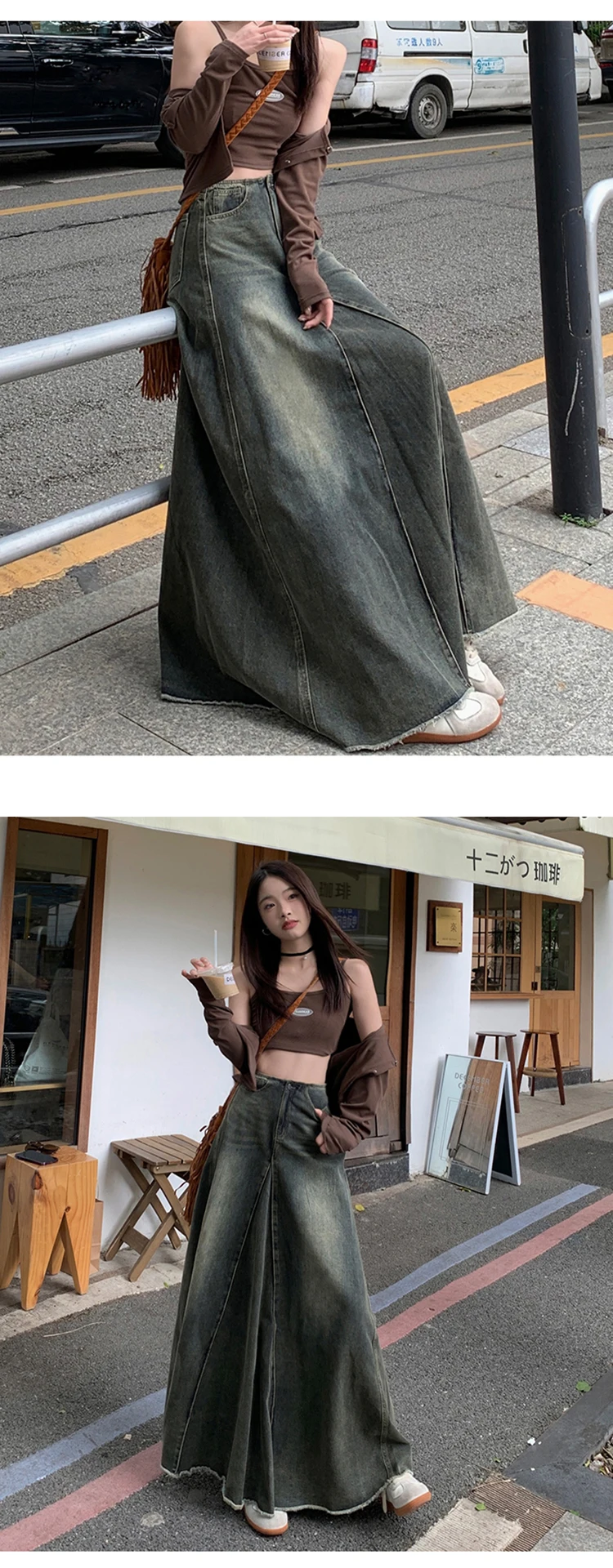 Maxi Long Skirts Women England Style Vintage Autumn Winter High Waist Jean Skirt Ladies A-Line Ruffle Pleated Denim Skirt
