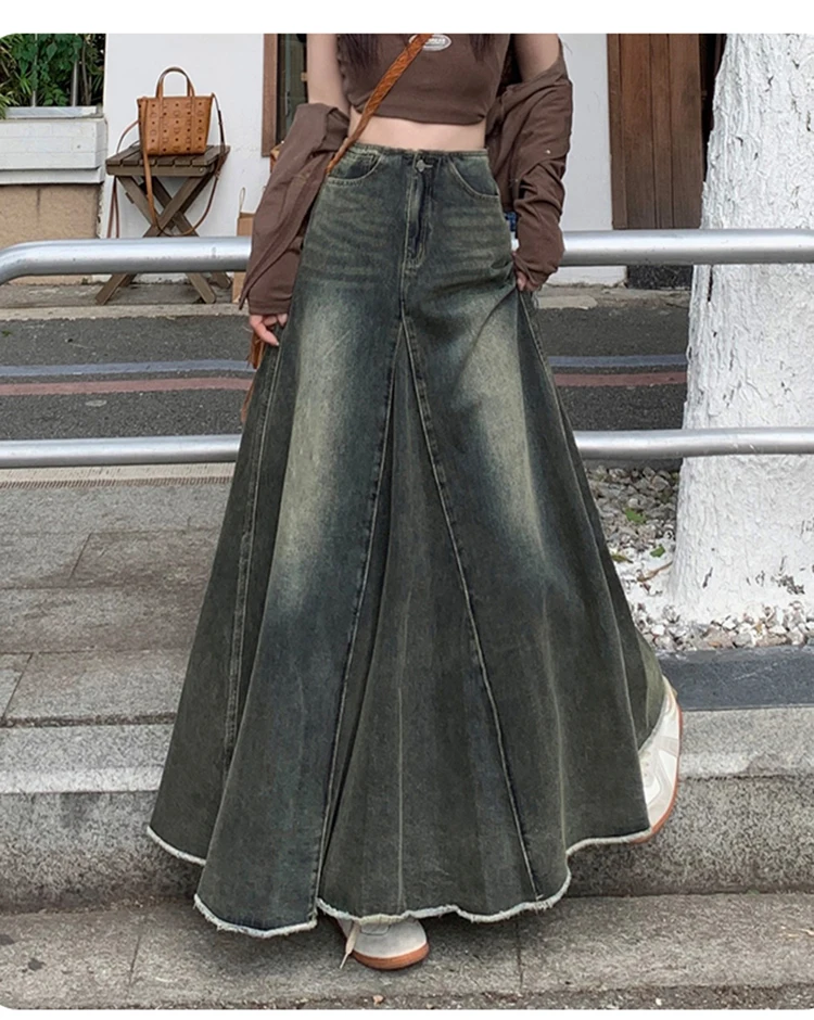 Maxi Long Skirts Women England Style Vintage Autumn Winter High Waist Jean Skirt Ladies A-Line Ruffle Pleated Denim Skirt