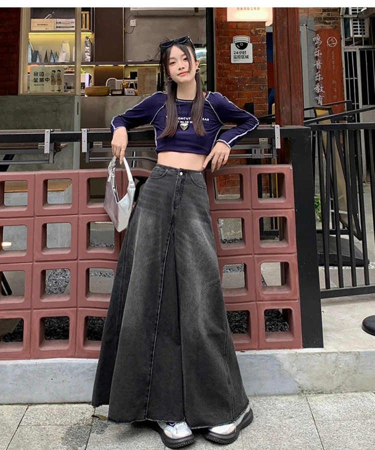 Maxi Long Skirts Women England Style Vintage Autumn Winter High Waist Jean Skirt Ladies A-Line Ruffle Pleated Denim Skirt