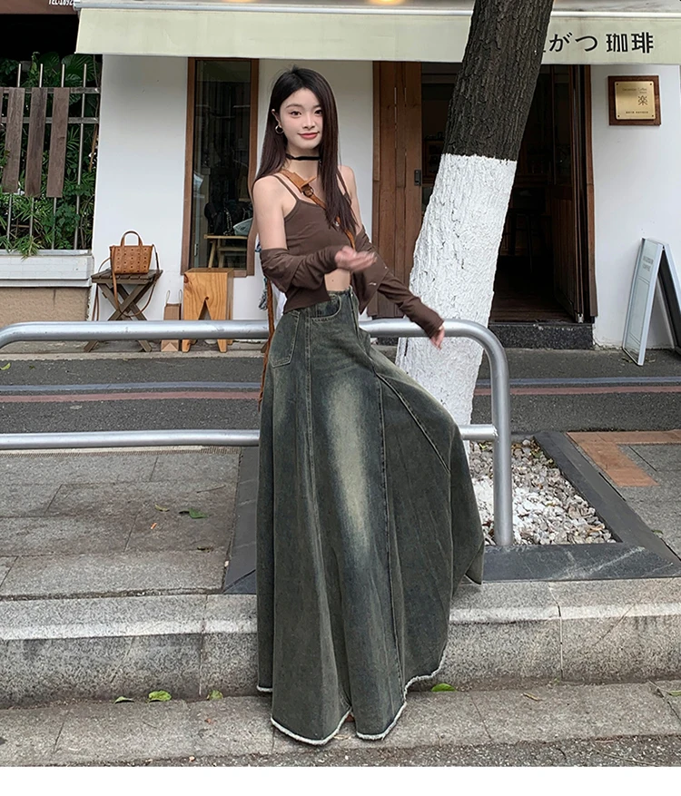 Maxi Long Skirts Women England Style Vintage Autumn Winter High Waist Jean Skirt Ladies A-Line Ruffle Pleated Denim Skirt