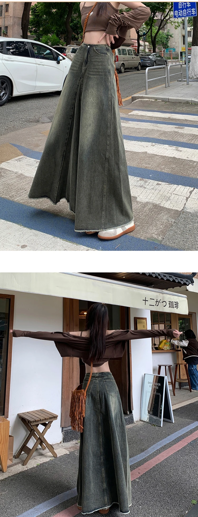 Maxi Long Skirts Women England Style Vintage Autumn Winter High Waist Jean Skirt Ladies A-Line Ruffle Pleated Denim Skirt