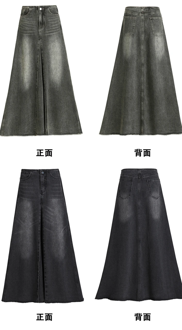 Maxi Long Skirts Women England Style Vintage Autumn Winter High Waist Jean Skirt Ladies A-Line Ruffle Pleated Denim Skirt