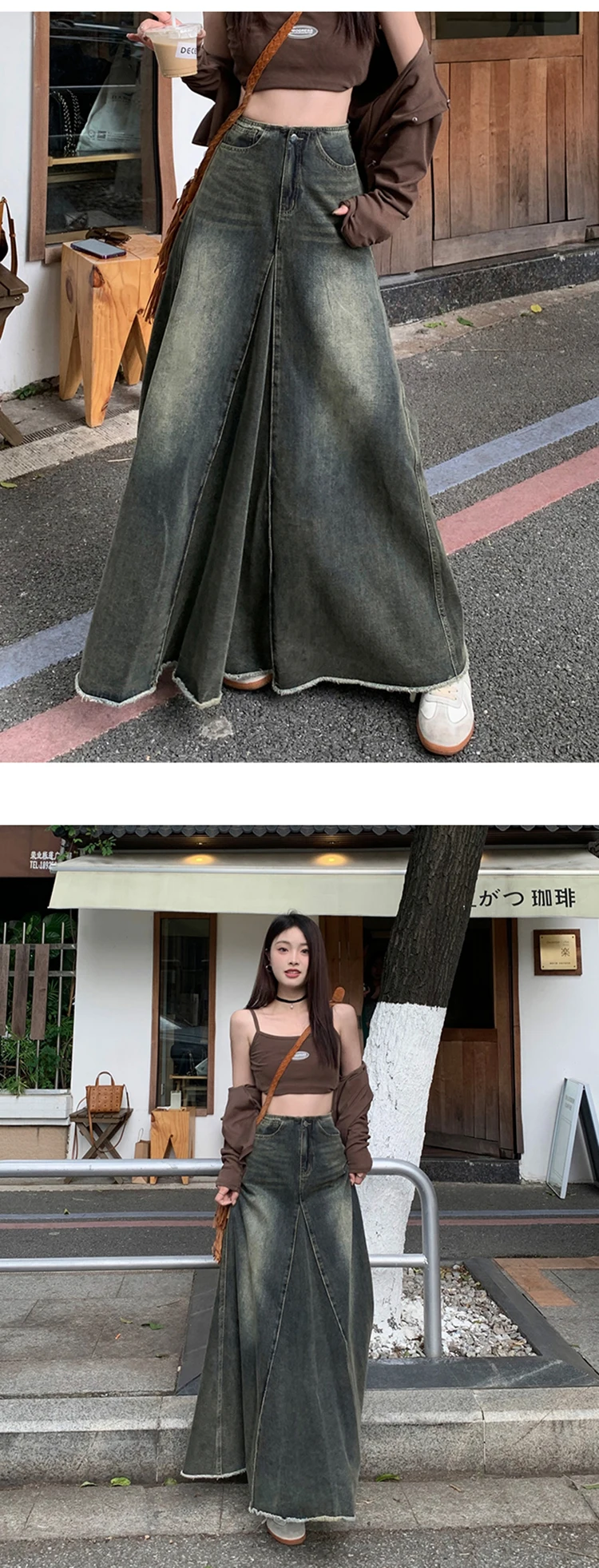 Maxi Long Skirts Women England Style Vintage Autumn Winter High Waist Jean Skirt Ladies A-Line Ruffle Pleated Denim Skirt