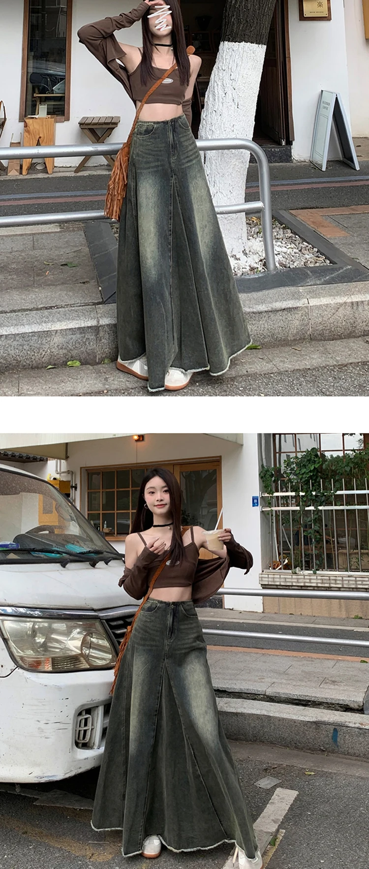 Maxi Long Skirts Women England Style Vintage Autumn Winter High Waist Jean Skirt Ladies A-Line Ruffle Pleated Denim Skirt