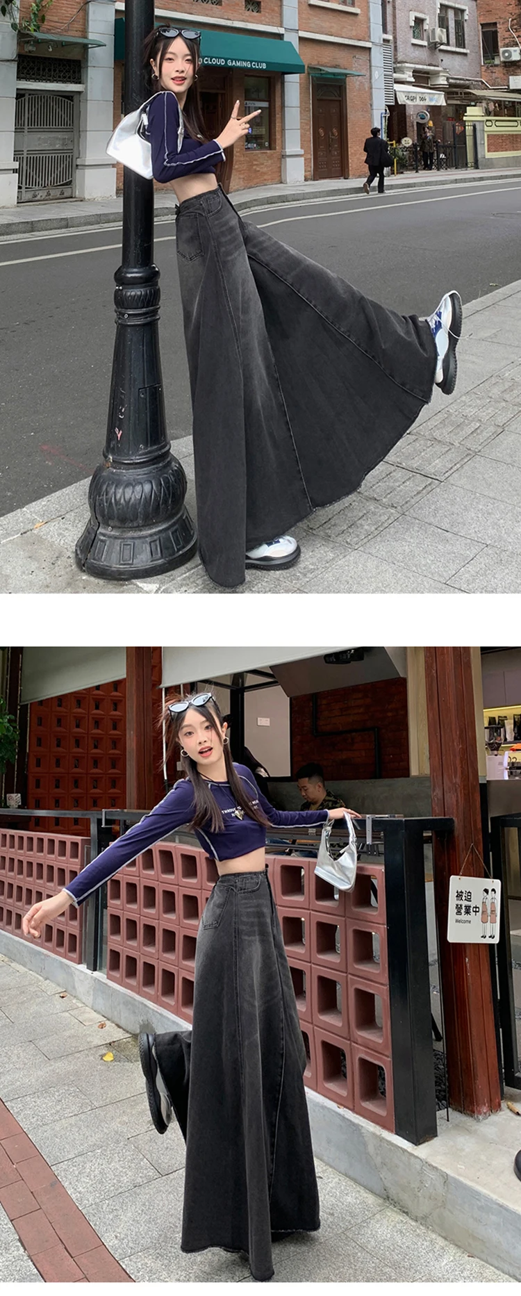 Maxi Long Skirts Women England Style Vintage Autumn Winter High Waist Jean Skirt Ladies A-Line Ruffle Pleated Denim Skirt