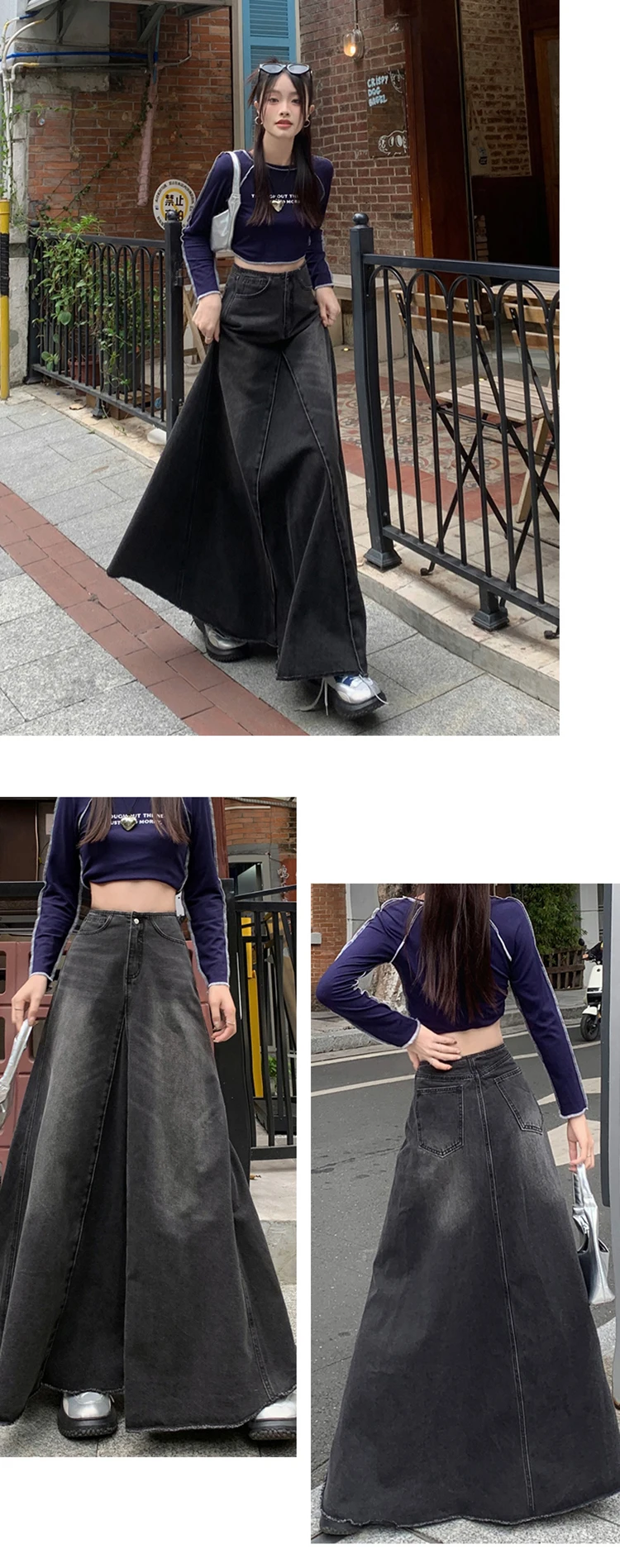 Maxi Long Skirts Women England Style Vintage Autumn Winter High Waist Jean Skirt Ladies A-Line Ruffle Pleated Denim Skirt