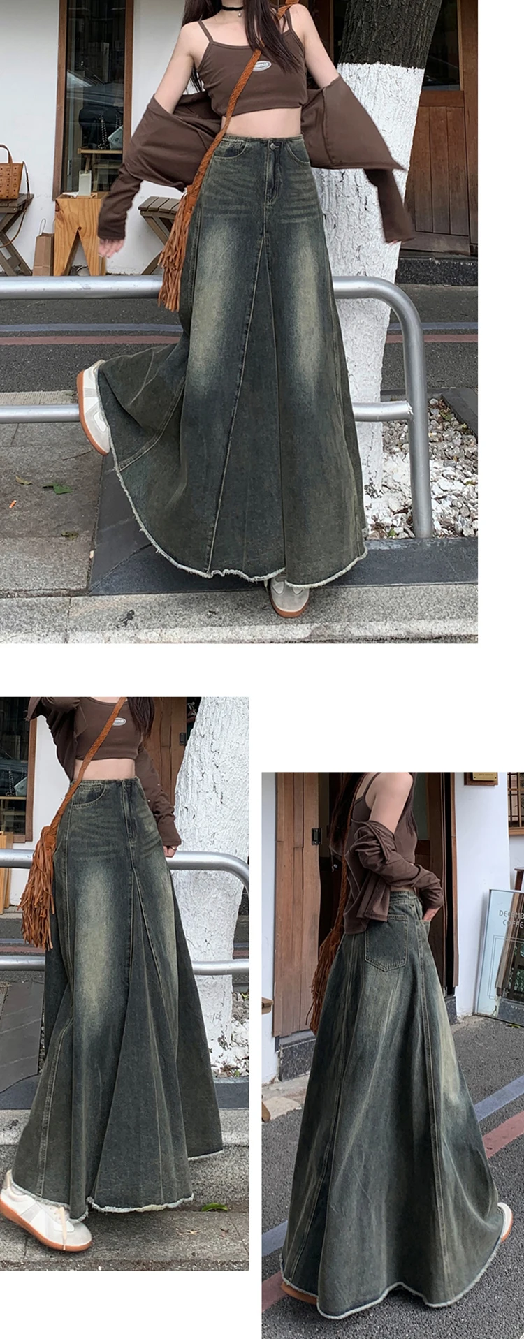 Maxi Long Skirts Women England Style Vintage Autumn Winter High Waist Jean Skirt Ladies A-Line Ruffle Pleated Denim Skirt