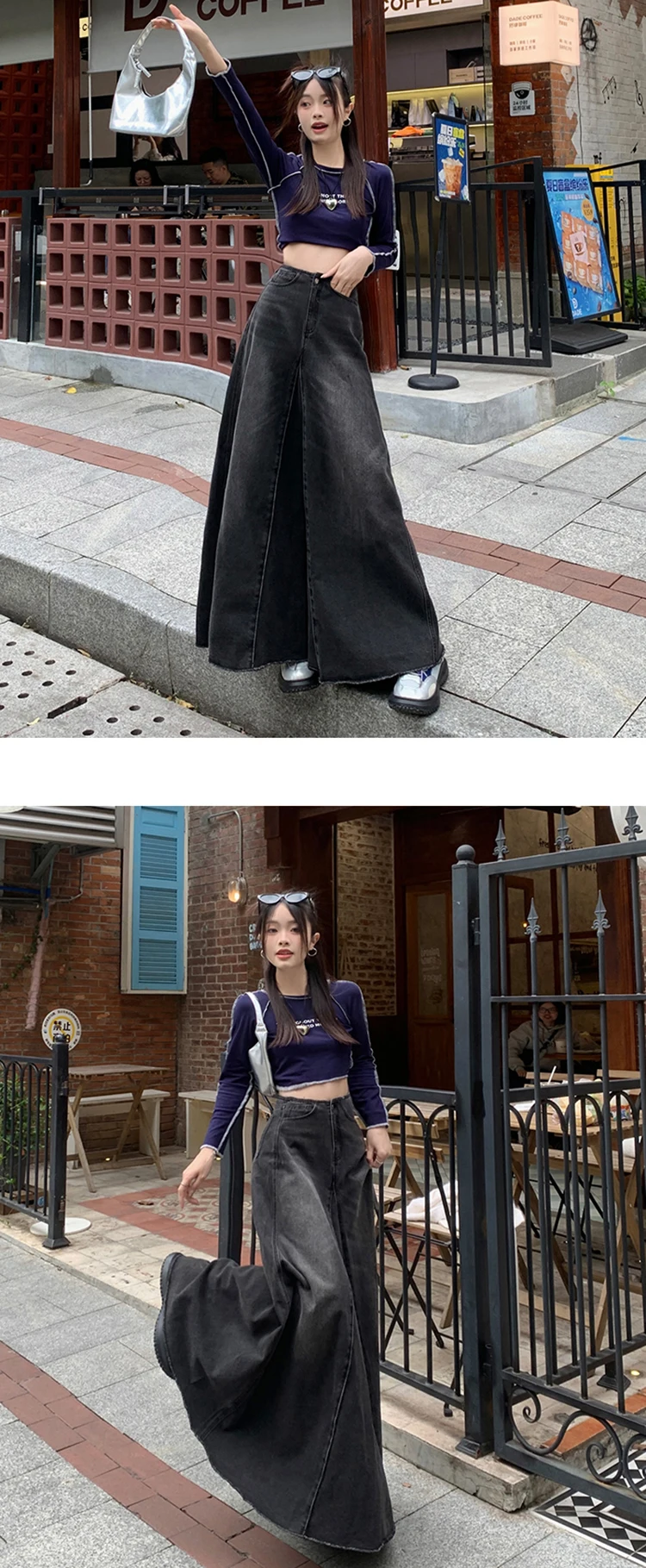 Maxi Long Skirts Women England Style Vintage Autumn Winter High Waist Jean Skirt Ladies A-Line Ruffle Pleated Denim Skirt