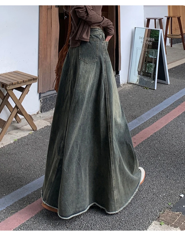 Maxi Long Skirts Women England Style Vintage Autumn Winter High Waist Jean Skirt Ladies A-Line Ruffle Pleated Denim Skirt