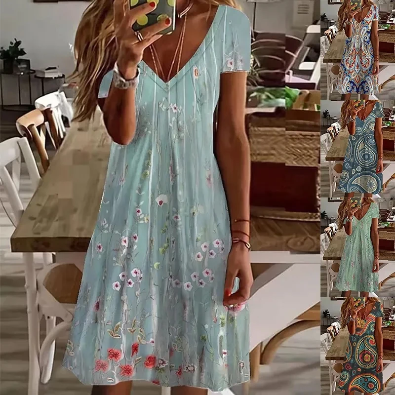 2023 Vintage Short Sleeve Women New Dress Summer Pullover Fashion Oversized Dress Casual Loose V-Neck Ladies Dress Flower Print