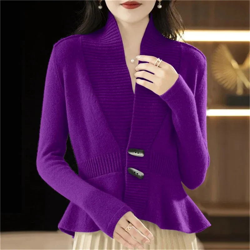 Elegant Purple Spring and Autumn Sweaters Cardigan Fashionable Women's 2026 New Winter V-Neck Knitted Coat Blue Green Jacket Top